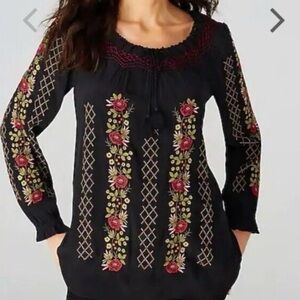J. Jill Embroidered Floral Boho Tassel Tunic Blouse Top Long Sleeve Black Size M